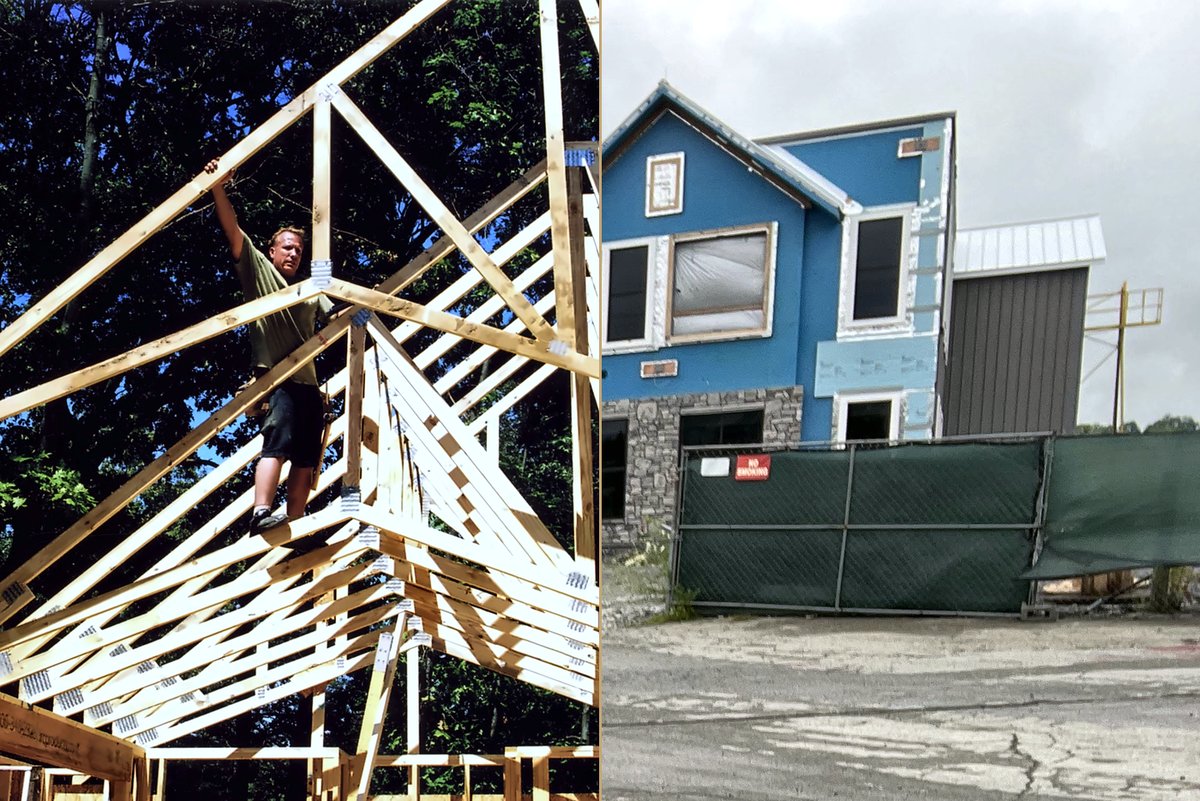 Left: roof framing on a home designed by Brian Eicholtz. Right: a two-story commercial building under construction, a project Brian worked on as a design team member.