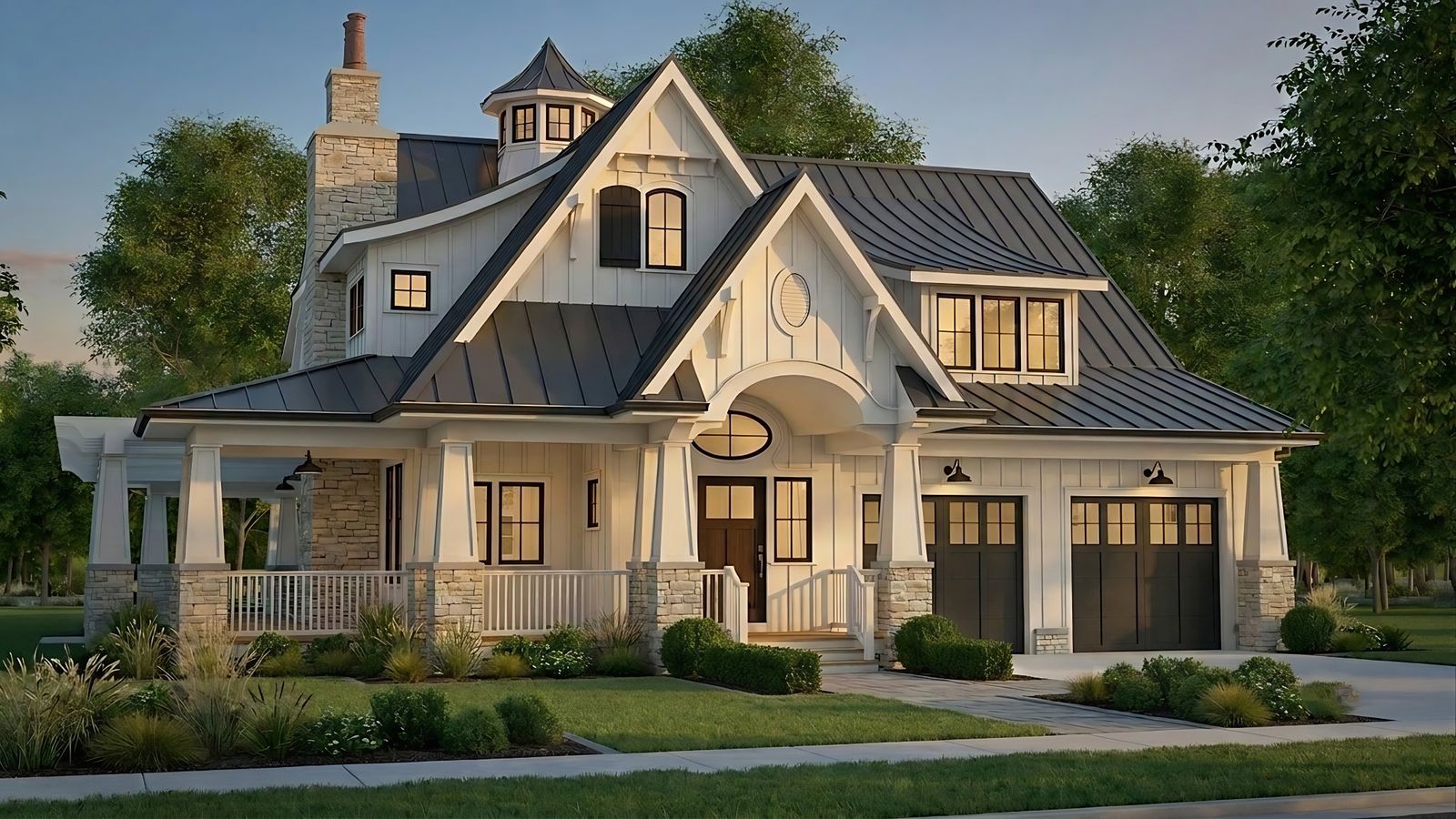 Photorealistic rendering of a white board-and-batten Craftsman farmhouse at dusk with a standing-seam metal roof, cupola, stone porch piers and carriage-style garage doors.