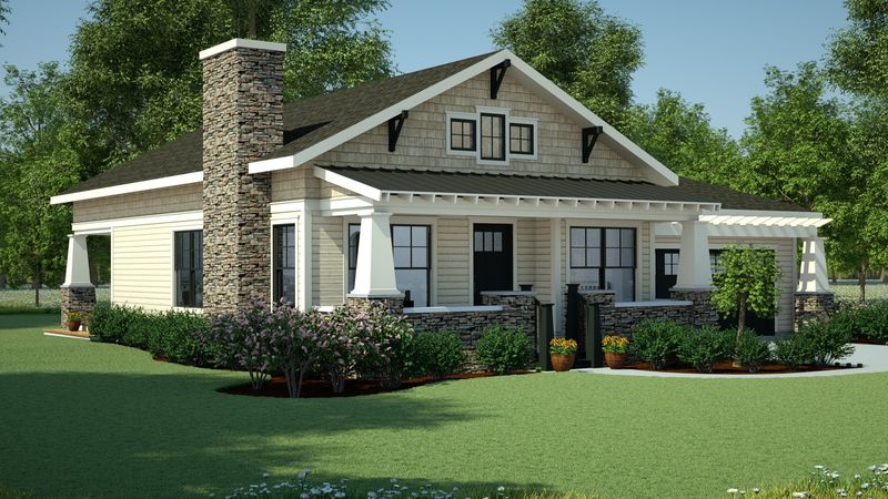 Photorealistic rendering of a Craftsman bungalow in daylight with a shingled gable, tall stacked-stone chimney, covered front porch on stone piers and a side pergola.