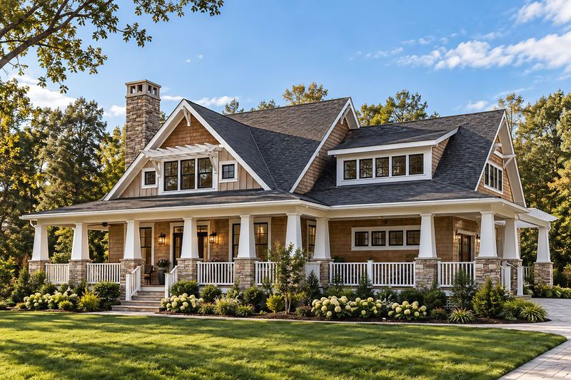 Photorealistic rendering of a cedar-shingle Craftsman home with a deep wraparound porch, white columns on stone piers and a stone chimney.