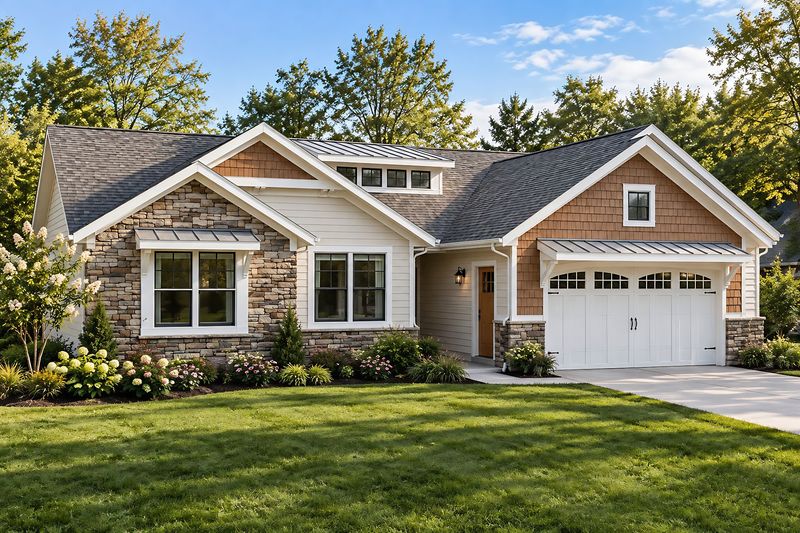 Photorealistic rendering of a single-story ranch home with a stacked-stone gable, cedar-shingle accents, metal-roof window awnings and a white carriage-style garage door.