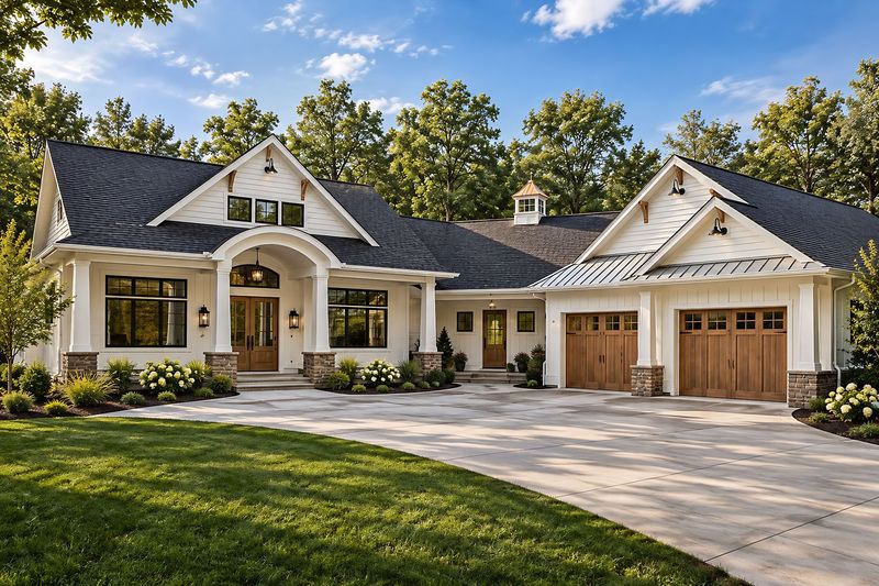 Photorealistic rendering of a white farmhouse with an arched front portico, a cupola, wood double entry doors and two wood carriage-style garage doors along a curved driveway.